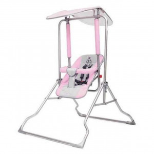 Leagan copii si bebelusi pentru interior si exterior Novokids™ Garden Swing, cadru metalic, 0+ ani, sezut reglabil in 3 trepte, pozitie somn, centura de siguranta, maxim 12 kg, pliabil, Roz