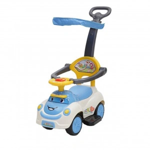 Masinuta copii si bebe NOVOKIDS™ Cartoon Smile , Cu melodii si lumini, Maner de impins pentru parinti detasabil, copertina de protectie detasabila, Functie trotineta fara pedale, Pentru interior si exterior, Albastru