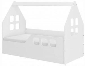 Pat tip casuta pentru copii NOVOKIDS™ MAGIC LITTLE HOUSE, 160x80 CM, Set cu Saltea din Spuma MATSEN® 10 CM Inclusa, Somiera Sistem FLEX, Protectie Laterala Dreapta, Coborare Prin Stanga