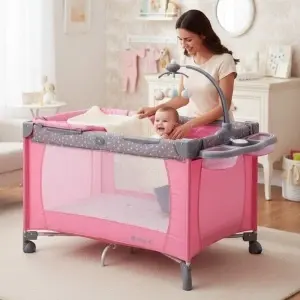 Patut-Pliabil-si-Tarc-copii-Baby-Care-PRO-FMAT-2-Niveluri-de-inaltime-Cu-melodii-si-Masa-infasat-Carusel-cu-jucarii-din-plus-Plasa-insecte-Roz-3