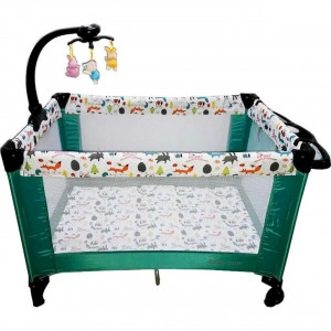 Patut Pliant, Tarc copii Baby Care™ NEST, Pliabil pe 2 Niveluri cu muzica si Masa infasat, Jucarie Carusel cu jucarii din plus, geanta transport inclusa, Verde cu animalute