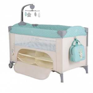 Patut pliant transformabil in tarc copii NOVOKIDS™ Indiana NEST, 62X125 cm, 2 Niveluri, Jucarie Carusel muzical, Fermoar acces lateral, Geanta bebe, Turquoise