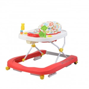 Premergator Premium reglabil in 3 trepte de inaltime NOVOKIDS™ ZooZoo Baby ,Roti silentioase din silicon, Cu melodii, Animalute, Pliabil, Rosu