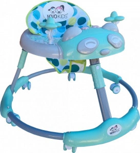 Premergator reglabil in 6 trepte de inaltime NOVOKIDS™ Baby Panda Walker, Cu melodii, Pliabil, Max 20 kg, Roti silentioase, Model Ursulet Panda, Verde Turquoise