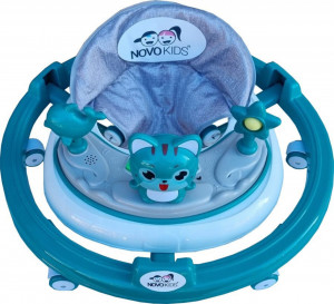 Premergator-reglabil-in-6-trepte-de-inaltime-NOVOKIDS-Happy-Kitty-Cu-melodii-Pliabil-Max-20-kg-Roti-silentioase-Model-Pisicuta-Verde-Turquoise