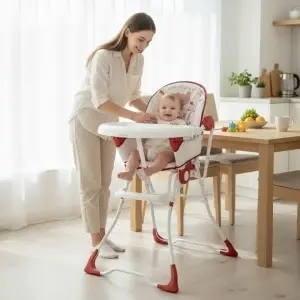 Scaun-de-masa-pentru-copii-si-bebe-Baby-Care-CH-Pliabil-Centura-de-siguranta-Sezut-comfortabil-Masuta-detasabila-Model-Ursulet-Rosu-cu-Alb-2