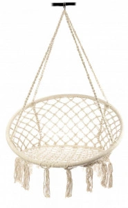 Scaun Rotund Suspendat tip Leagan Pentru Casa sau Gradina HOUSEXL™ ROUND COZY NEST, Cu Franjuri, 120 Kg, Bej