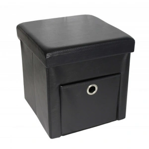 Taburet cu cutie de depozitare si sertar HouseXL™ 6100, Dimensiuni 38X38X38cm, Max 150 kg, Capac moale din piele ecologica, Negru