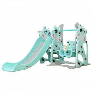 Tobogan 3 in 1 Pentru Copii NOVOKIDS Giraffe Playground, Cu Leagan, Pentru Interior si Exterior, 187 centimetri panta alunecare, Max 25 Kg, Cos de baschet inclus , Albastru