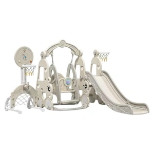 Tobogan 6 in 1 Pentru Copii NOVOKIDS™ Wonder Plus Moon Slide, Cu Leagan si poarta fotbal, Pentru Interior si Exterior, 187 centimetri panta alunecare, Maxim 25 Kg, 2 cosuri de baschet incluse, Gri - Img 3