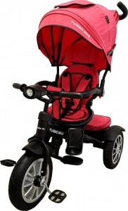 Tricicleta cu copertina Baby Care™ Turbo Bike , Cu far luminos, Roti din cauciuc, Pozitie somn, Pedale si maner pentru parinti, Scaun reversibil cu invartire 360 grade , Cadru metalic, Dimensiuni 110X45X90 cm, Rosu Corai