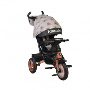 Tricicleta cu copertina Novokids™ Tornado , Cu melodii si lumini, Roti gomflabile din cauciuc, Pozitie somn, Scaun reversibil cu invartire 360 grade , Cadru metalic, Dimensiuni 110X60X90 cm, Crem