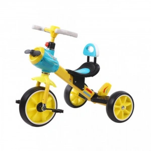 Tricicleta cu pedale NOVOKIDS™ Plane Trike, Cu melodii si lumini, Max 30 kg, Roti din spuma cauciucata, Cadru metalic, Model avion, Galben