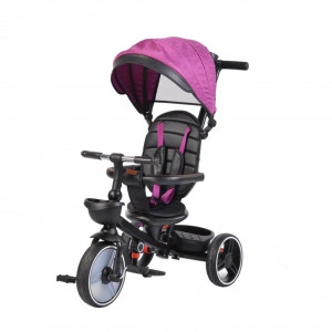 Tricicleta pliabila cu copertina NOVOKIDS™ Classico Trike , Pedale si maner pentru parinti, Scaun reversibil cu rotire 360 grade , Functie Free Wheel, Cadru metalic, Fucsia
