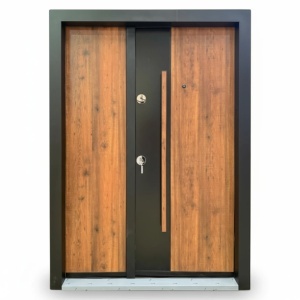 Usa metalica dubla de exterior cu izolatie si vizor Novo Doors NDA4D, Din compozit, 2 yale, Kit complet, Pentru case, Negru perlat cu Stejar auriu