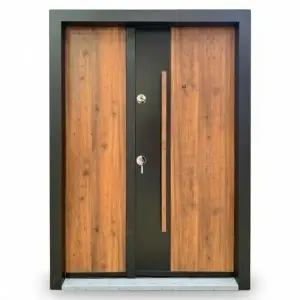 Usa metalica dubla de exterior cu izolatie si vizor Novo Doors NDA4D, Din compozit, 2 yale, Kit complet, Pentru case, Negru perlat cu Stejar auriu