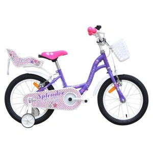 Bicicleta pentru copii NOVOKIDS™ Splend'Or Boom PRO Edition, Cu cosulet pentru papusi, Roti 18" inch, Maxim 50 kg, Cadru din otel, Roti ajutatoare detasabile, Ghidon reglabil pe inaltime, Mov