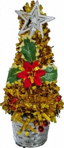Brad artificial de Craciun NOVOKIDS™ Mini Christmas Tree, Pentru casa si birou, Cu decoratiuni si suport incluse, Coroana bogata, Inaltime 35 cm, Pom de Craciun, Ecologic, Auriu Gold