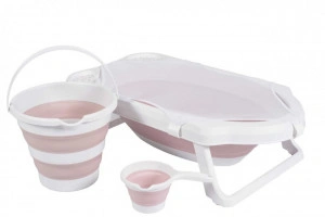 Cadita pliabila premium pentru bebelusi si copii NOVOKIDS™ Hawaiian Folding Tub, Cu stender si accesorii de baie, Dimensiuni 84x48x23 cm, Supapa scurgere, Roz