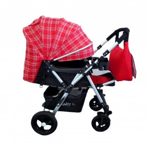 Carucior nou nascuti 2 in 1 BABY CARE™ PRO 511, Cu geanta bebe inclusa, Cadru aluminiu, Maner reversibil, Spatar reglabil in 5 trepte, Amortizoare, Plasa insecte, Frana picior,Pliabil , Rosu cu carouri