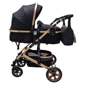 Carucior nou nascuti 2 in 1 Baby Care™ PRO 531, Cu geanta bebe, Cadru Aluminiu Gold , Amortizoare, Roti din cauciuc plin AVE, Spatar reglabil 3 trepte, Plasa insecte, Negru