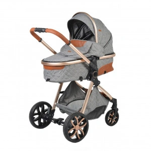 Carucior nou nascuti 2 in 1 NOVOKIDS™ Alma Gold PRO , Cu geanta bebe, Cadru Aluminiu , Amortizoare, Roti din cauciuc plin AVE, Landou, Modul sport, Spatar reglabil 3 trepte, Gri Inchis