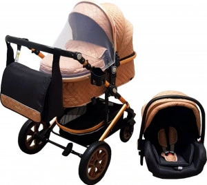 Carucior-nou-nascuti-3-in-1-Baby-Care-PRO-530-Cu-geanta-bebe-Cadru-Aluminiu-Gold-Amortizoare-Roti-din-cauciuc-plin-AVE-Landou-Scoica-auto-Spatar-reglabil-3-trepte-Plasa-insecte-Beige-cu-Negru