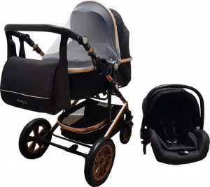 Carucior-nou-nascuti-3-in-1-Baby-Care-PRO-530-Cu-geanta-bebe-Cadru-Aluminiu-Gold-Amortizoare-Roti-din-cauciuc-plin-AVE-Landou-Scoica-auto-Spatar-reglabil-3-trepte-Plasa-insecte-Negru