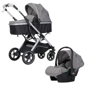 Carucior nou nascuti 3 in 1 NOVOKIDS™ H3100 series, Cu geanta bebe, Cadru Aluminiu, Amortizoare, Roti din cauciuc plin AVE, Landou, Scoica auto, Spatar reglabil 3 trepte, Plasa insecte, Gri cu Imprimeu