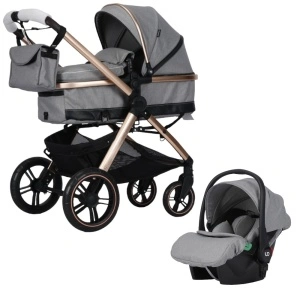 Carucior nou nascuti 3 in 1 NOVOKIDS™ X2000 series, Cu geanta bebe, Cadru Aluminiu Gold, Amortizoare, Roti din cauciuc plin AVE, Landou, Scoica auto, Spatar reglabil 3 trepte, Plasa insecte, Gri