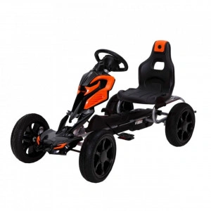 Kart cu pedale pentru copii NOVOKIDS® Adrenaline Kart PRO, 5-8 ani , 122 cm lungime, Carena, Structura metalica, Frana de mana, Functie FreeWheel, Scaun Ajustabil, Mers cu spatele, Negru cu Portocaliu