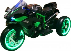 Motocicleta Electrica cu Acumulator Pentru Copii NOVOKIDS™ Ninja Trio Motocross, 3-8 ani, Max 30 kg, Cu Melodii si Lumini LED, Bluetooth, 3 Roti, MERS CU SPATELE, Negru cu Verde