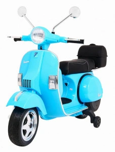 Motocicleta Electrica cu Acumulator Pentru Copii NOVOKIDS™ Vespa Premium Retro Scooter, Pornire la cheie, 3-8 ani, Max 30 kg, Cu Melodii si Lumini LED, Portbagaj, Roti ajutatoare, Albastru