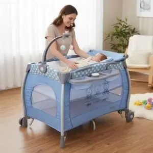 Patut-Pliabil-rotund-cu-balansoar-Tarc-copii-Baby-Care-PRO-FRW-2-Niveluri-de-inaltime-Cu-melodii-si-Masa-infasat-Carusel-cu-jucarii-din-plus-Plasa-insecte-Albastru-3