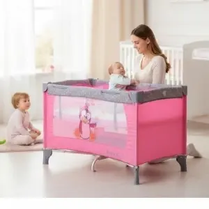 Patut Pliabil si Tarc copii Baby Care™ PRO FMG, 120X60 cm, 2 Niveluri de inaltime, Cu geanta transport inclusa, Plasa insecte, Roz