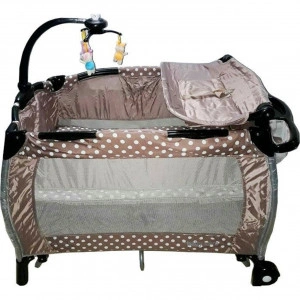 Patut Pliant rotund cu balansoar, Tarc copii Baby Care™ ROUND NEST, Pliabil pe 2 Niveluri cu muzica si Masa infasat, Jucarie Carusel cu jucarii din plus, geanta transport inclusa, Maron cu buline