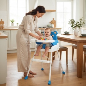 Scaun de masa 3 in 1 pentru copii si bebe NOVOKIDS™ Teddy Bear ,transformabil in scaunel copii, functie inaltator scaun, 2 trepte de inaltime, sezut comfortabil, masuta detasabila, model Ursulet, Albastru