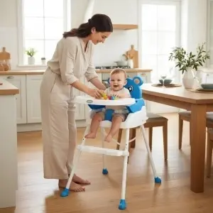 Scaun de masa 3 in 1 pentru copii si bebe NOVOKIDS™ Teddy Bear ,transformabil in scaunel copii, functie inaltator scaun, 2 trepte de inaltime, sezut comfortabil, masuta detasabila, model Ursulet, Albastru