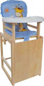Scaun de masa pentru copii si bebe transformabil in masuta NOVOKIDS™ Wooden Table Chair, Din lemn masiv, Centura de siguranta, Sezut comfortabil detasabil, masuta detasabila, Albastru