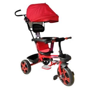 Tricicleta cu copertina detasabila NOVOKIDS™ My first Trike, Roti din spuma cauciucata, Maner de ghidaj pentru parinti, Cadru metalic, Dimensiuni 100X45X90 cm, Rosu - Img 1