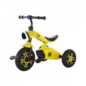 Tricicleta cu pedale NOVOKIDS™ Space Trike, Cu melodii si lumini, Max 30 kg, Roti din spuma cauciucata EVA, Cadru metalic, Model motocicleta, Galben