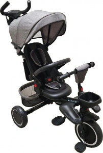 Tricicleta pliabila cu copertina Baby Care™ Folding Trike, Roti din spuma cauciucata EVA, Pedale si maner pentru parinti, Scaun reversibil cu rotire 360 grade , Cadru metalic, Dimensiuni 105X53X100 cm, Gri Jeans