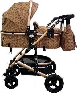 Carucior nou nascuti 2 in 1 Baby Care™ PRO 531, Cu geanta bebe, Cadru Aluminiu Gold , Amortizoare, Roti din cauciuc plin AVE, Spatar reglabil 3 trepte, Plasa insecte, Maron cu imprimeu Bambucci