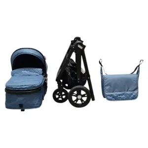 set complet carucior Baby Care X2S albastru cu landou, cadru pliat si geanta accesorii