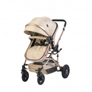 Carucior nou nascuti 2 in 1 NOVOKIDS™ Ciarra Gold PRO , Cu geanta bebe, Cadru Aluminiu , Amortizoare, Roti din cauciuc plin AVE, Landou, Modul sport, Spatar reglabil 3 trepte, Crem