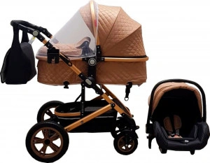Carucior nou nascuti 3 in 1 Baby Care™ PRO 530, Cu geanta bebe, Cadru Aluminiu Gold, Amortizoare, Roti din cauciuc plin AVE, Landou, Scoica auto, Spatar reglabil 3 trepte, Plasa insecte, Beige cu Negru