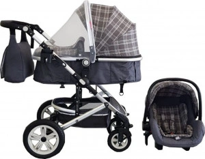 Carucior nou nascuti 3 in 1 Baby Care™ PRO 530 , Cu geanta bebe, Cadru Aluminiu Gold, Amortizoare, Roti din cauciuc plin AVE, Landou, Scoica auto, Spatar reglabil 3 trepte, Plasa insecte, Gri Jeans cu Carouri