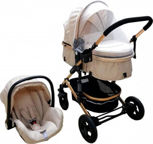 Carucior nou nascuti 3 in 1 Baby Care™ PRO 531 , Cadru Aluminiu, Amortizoare, Roti din cauciuc plin AVE, Landou, Scoica auto, Spatar reglabil 3 trepte, Plasa insecte, Crem