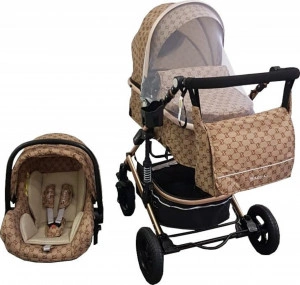 Carucior nou nascuti 3 in 1 Baby Care™ PRO 531, Cu geanta bebe, Cadru Aluminiu Gold , Amortizoare, Roti din cauciuc plin AVE, Landou, Scoica auto, Spatar reglabil 3 trepte, Plasa insecte, Beige cu imprimeu Maron