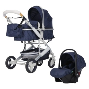 Carucior nou nascuti 3 in 1 NOVOKIDS™ 5300, Cu geanta bebe, Cadru Aluminiu, Amortizoare, Roti din cauciuc plin AVE, Landou, Scoica auto, Spatar reglabil 3 trepte, Plasa insecte, Albastru Marine